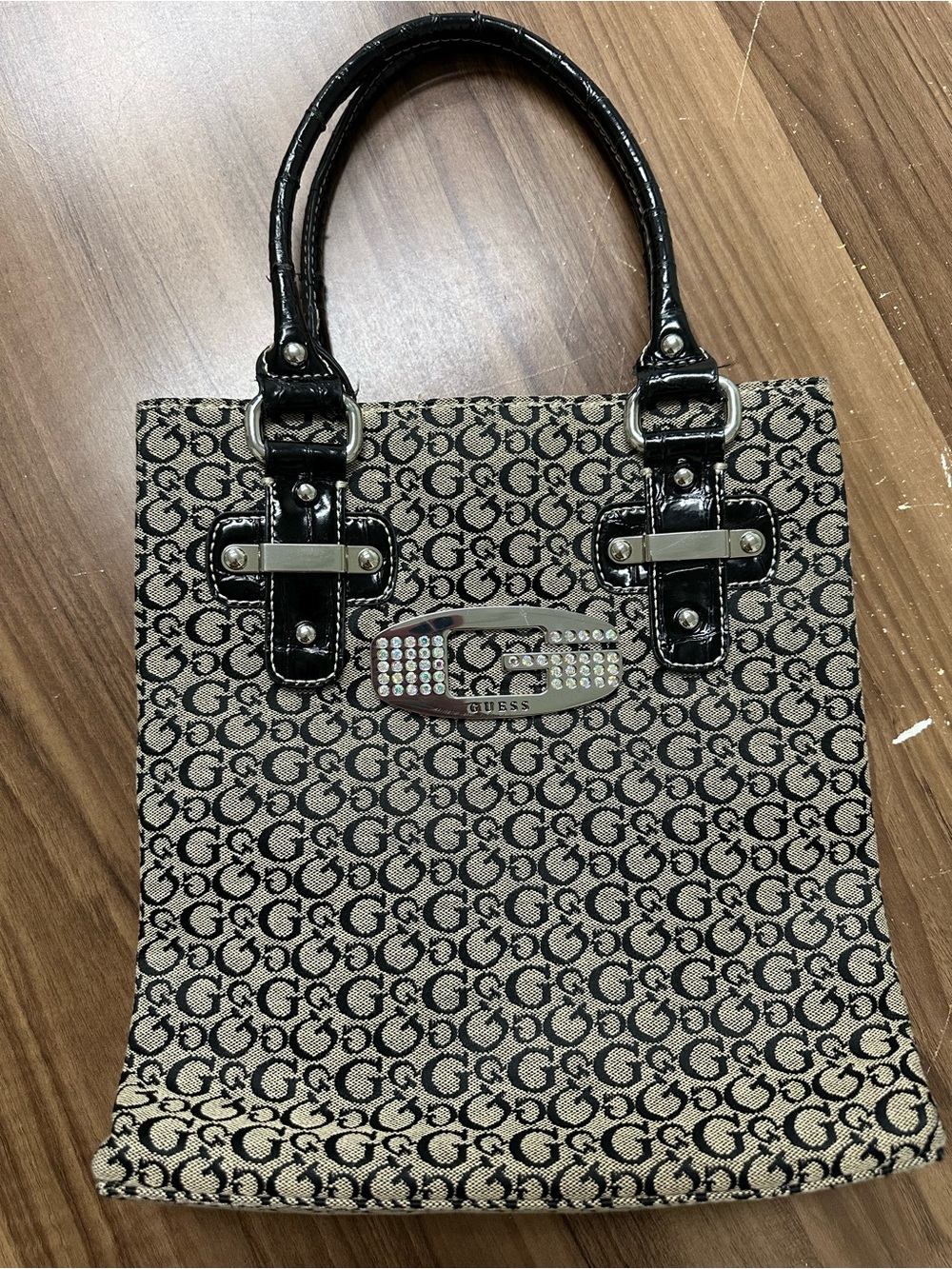 GUESS Beige and Black Logo Jacquard Tote with Rhinestone Plaque